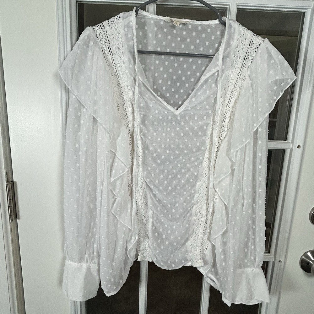 Listicle White Swiss Dot Ruffle Lace Trim Sheer Boho Peasant Blouse Large‎
